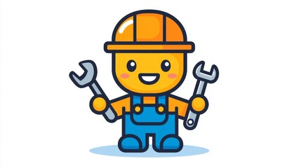 Illustration of a cheerful worker dressed in overalls, grasping a wrench, on a background of dark blue
