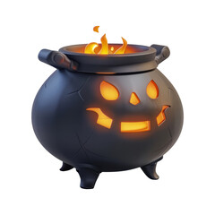 Black witch cauldron with a carved pumpkin face and glowing fire inside, cartoon style, isolated on transparent background, symbol of Halloween