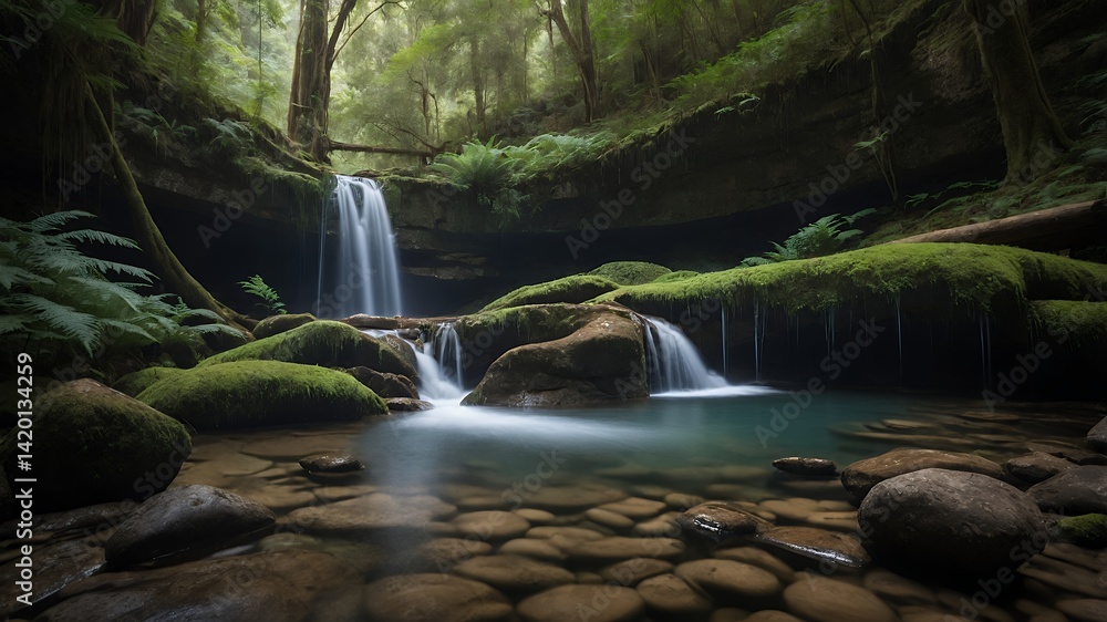 Poster waterfall flows into forest pool covered in moss and ferns