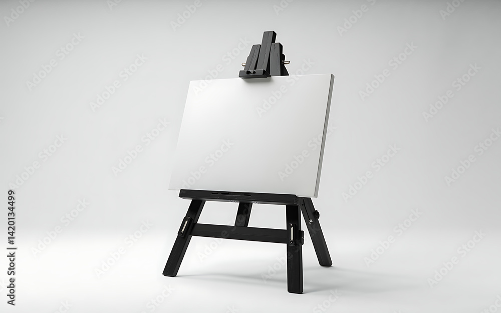 Poster Blank Canvas On Black Easel Ready For Art Creation In Studio Setting Minimalist Composition With Ample White Space For Text Overlay