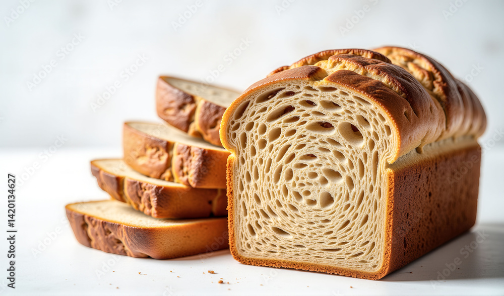 Poster a loaf of bread with a hole in the middle sits on a white table. the bread is sliced into four piece