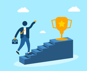 Climbing to Victory Illustration. Conceptual illustration of a businessman climbing stairs towards a golden trophy. Businessman, Stairs, Trophy concept design.