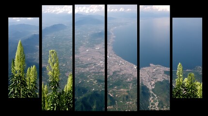 Expansive Vista Unveiling Coastal Cityscape Through Verdant Flora Partitioned Composition Art