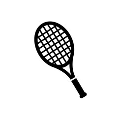 Black silhouette icon of a tennis racket with oval head and grip handle in clean vector sports style