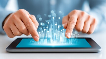 Person exploring a futuristic cityscape through an interactive tablet interface person