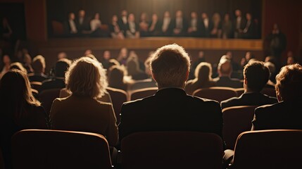 A diverse group of individuals is seated in an auditorium, attentively listening to a presentation