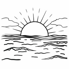 Sunrise Over Ocean &ndash; Serene Seascape Line Art Illustration
