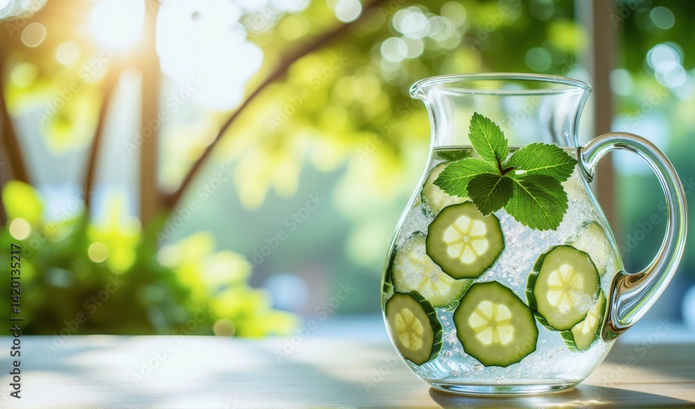 Poster a pitcher of cucumber water with mint leaves. the pitcher is full of cucumber slices and the mint le