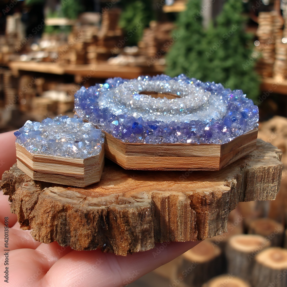 Poster exquisite hexagonal amethyst geode slice pair on rustic wooden display base decoration showcase.