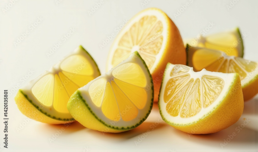 Poster a close up of a few slices of lemon on a white background. the slices are cut in half and arranged i