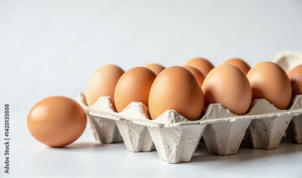 Poster a carton of eggs with one egg missing. the eggs are arranged in a neat row, with the missing egg sta