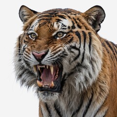 "A roaring tiger with detailed fur, isolated on a white background"