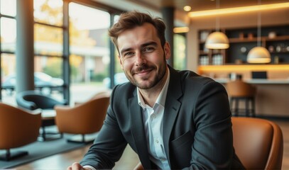 Fototapeta premium A man in a suit is smiling and sitting in a chair. Concept of confidence and professionalism
