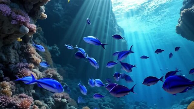 Electric blue tangs moving between jagged coral tunnels, light rays piercing through &mdash; hyperreal 8k cinematic reef view.
