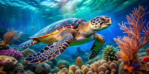 Fototapeta premium Majestic Sea Turtle Gracefully Navigating Vibrant Coral Reef Ecosystem