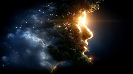 Face Profile in Nebula of Cosmic Dust Spiritual Essence  Dreamlike Galaxy Universe Exploration.