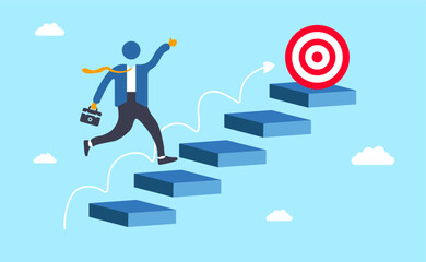 Steps to Target Illustration. Businessman Climbing for Success. Conceptual illustration of a businessman climbing steps towards a target.