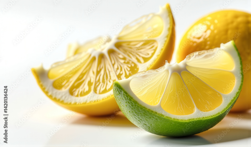 Poster a slice of lemon is cut in half and placed next to a slice of lime. concept of freshness and health,