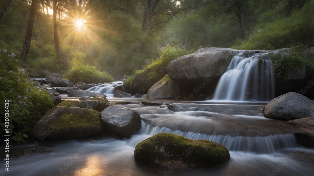 Poster waterfall flows through rocks in forest during sunset creating serenity