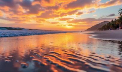 The image captures a stunning sunset over the ocean, with the sun's reflection shimmering on the water's surface. The scene is peaceful and serene, with the waves gently lapping at the shore