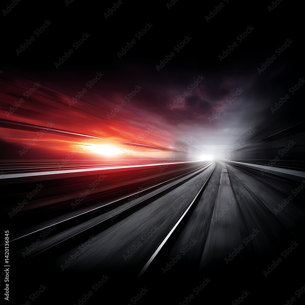 Poster fast moving train rails during sunset with abstract light trails and motion blur background.