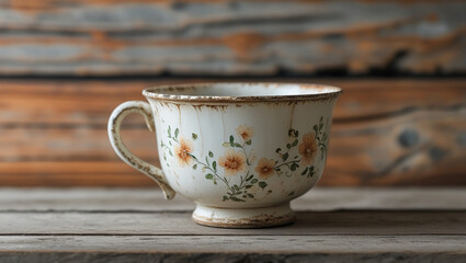 cup made of porcelain.  set against a wooden backdrop.  vintage-looking porcelain cup.  Large porcelain coffee or tea cup with a wooden backdrop