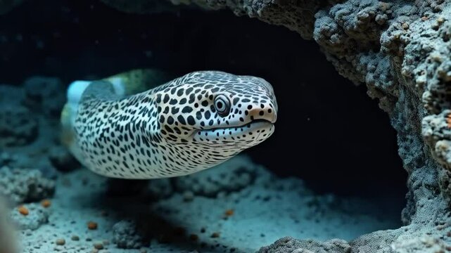 Leopard moray eel peeking through textured volcanic rock surrounded by bright dartfish &mdash; ultra sharp, dark underwater cinematic.

