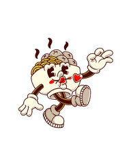 A charming vintage cartoon-style character designed as a happy dim sum dumpling, striking a playful pose with heart cheeks and a peace sign, radiating fun and affection.