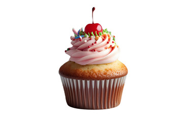 Vanilla Cupcake with Pink Frosting and Cherry on Top, Delectable vanilla cupcake with sprinkles on isolated transparent background