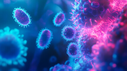 Microscopic View of Viruses Attacking a Cell - Neon Blue and Pink