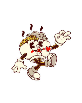 A charming vintage cartoon-style character designed as a happy dim sum dumpling, striking a playful pose with heart cheeks and a peace sign, radiating fun and affection.