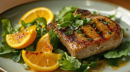 Seared pork chop on a plate with a refreshing salad of orange and lemon segments
