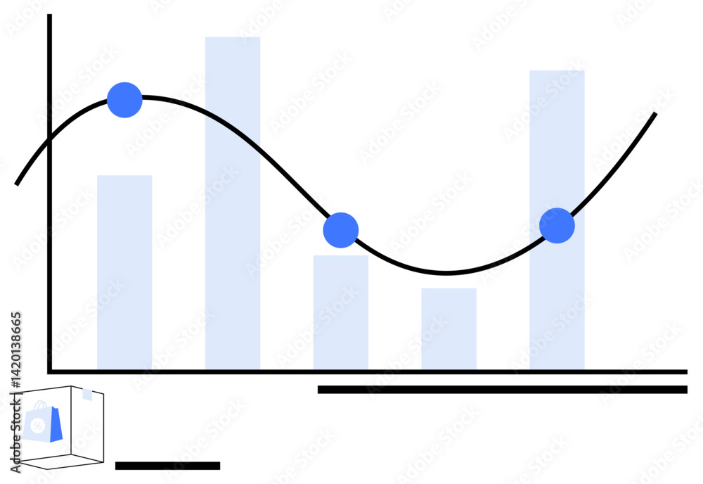 Poster data visualization with bars, curve, and geometric elements representing analytics and trends. ideal