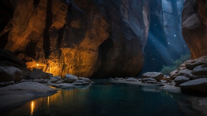 Exploring Serene Canyon with Reflective Water and Glimmering Light Beams