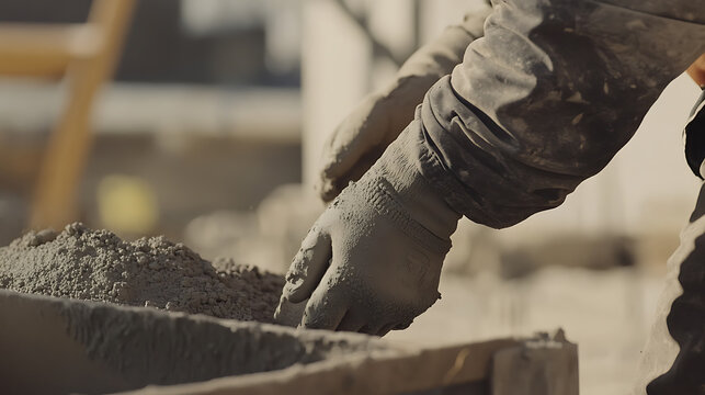 Construction worker mixing cement on a building site. Featuring hard work and dedication