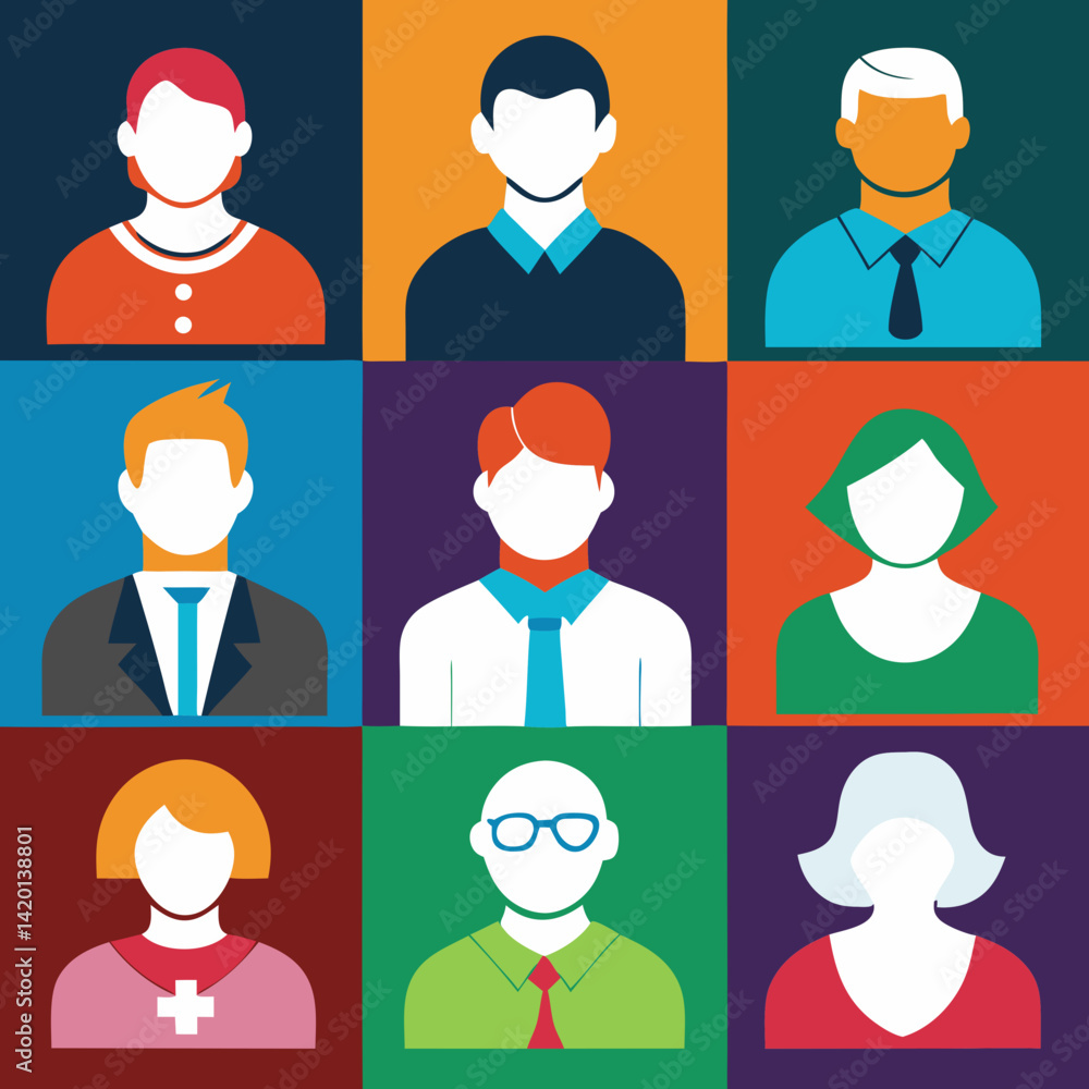 Poster a diverse group of colorful profile icons representing a vibrant and inclusive community, showcasing