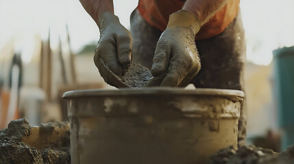 Construction worker mixing cement with a shovel. Featuring precision and effort