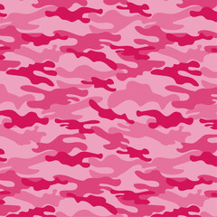 Camouflage pink seamless texture for fabrics, print, textile, wallpaper, women clothing, garments, wrapping paper and background. Vector militaristic camo pattern illustration.