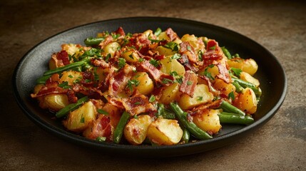 Sizzling plate of creamy baby potatoes and green beans with crispy bacon scattered generously