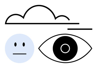 Cloud, neutral face, and eye with bold, clean lines offer a modern visual. Ideal for emotion, vision, observation, simplicity, abstraction humanity mindfulness and simple landing page