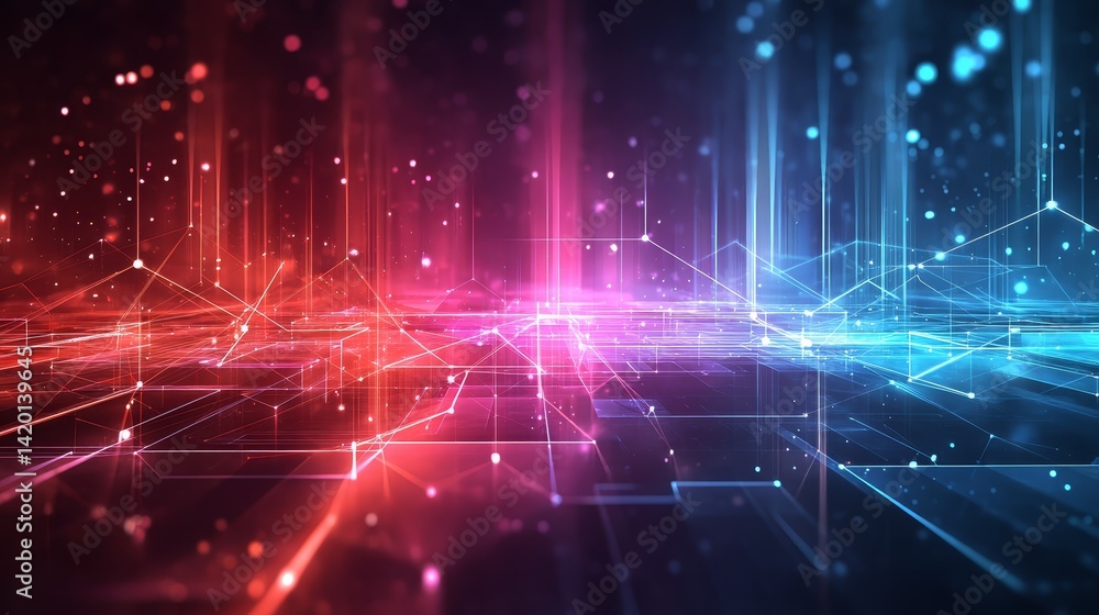 Poster abstract technology background with glowing lines and dots, a futuristic network visualization