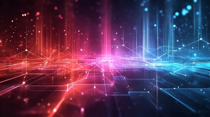 Abstract technology background with glowing lines and dots, a futuristic network visualization