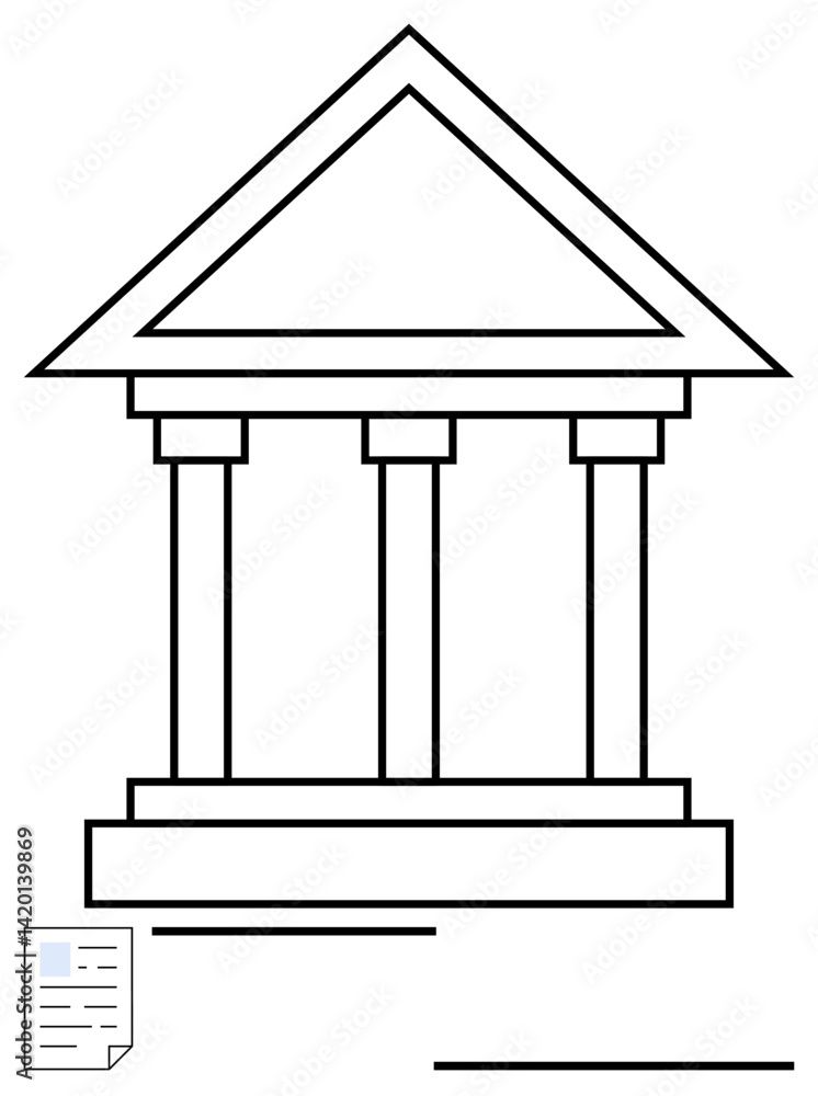 Poster outline of a greek-style structure with four pillars and a prominent triangular roof. document laid 