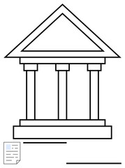 Outline of a Greek-style structure with four pillars and a prominent triangular roof. Document laid below emphasizes legal and institutional themes. Ideal for law, governance, education, history