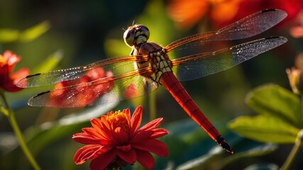 Red Dragonfly Resting Near Red Flower in a Sunny Garden Setting