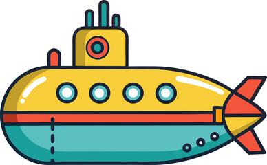 Teal and red submarine cartoon with large round windows, Vehicle Cartoon Vector Icon: Illustration of Technology and Transportation. Flat vector illustration.
