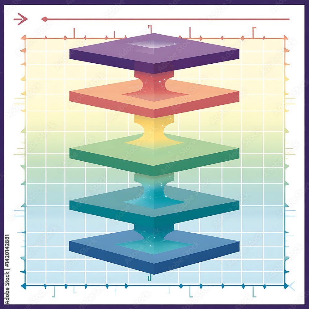 Poster flowchart layers displaying data progression through conceptual stages and gradient background desig