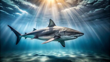 Fototapeta premium Majestic Shark Gracefully Gliding Through Sunlit Ocean Depths