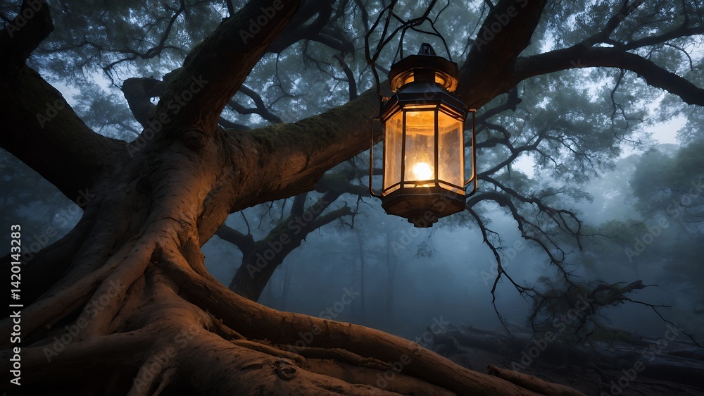Aufkleber illuminated lantern hanging from a tree in a misty forest