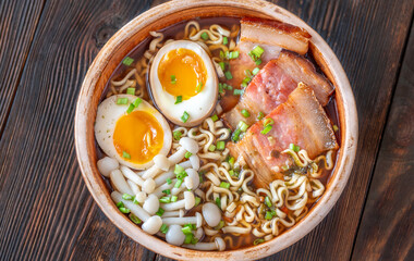 Hearty rustic ramen bowl with pork belly, beech mushrooms, and ramen eggs
